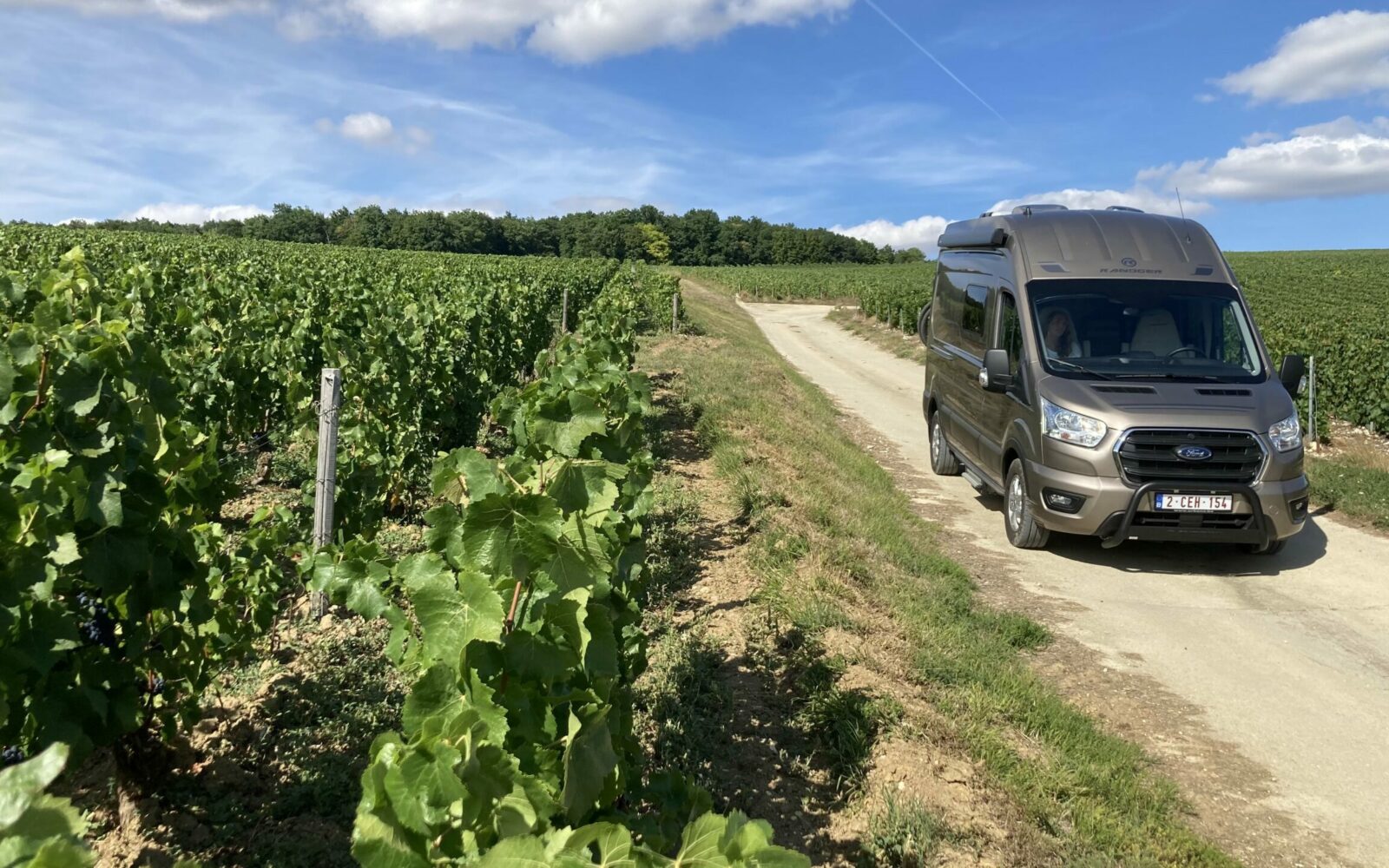 Van aménagé roulant sur un chemin de campagne bordé de vignes - Trip'in location de vans